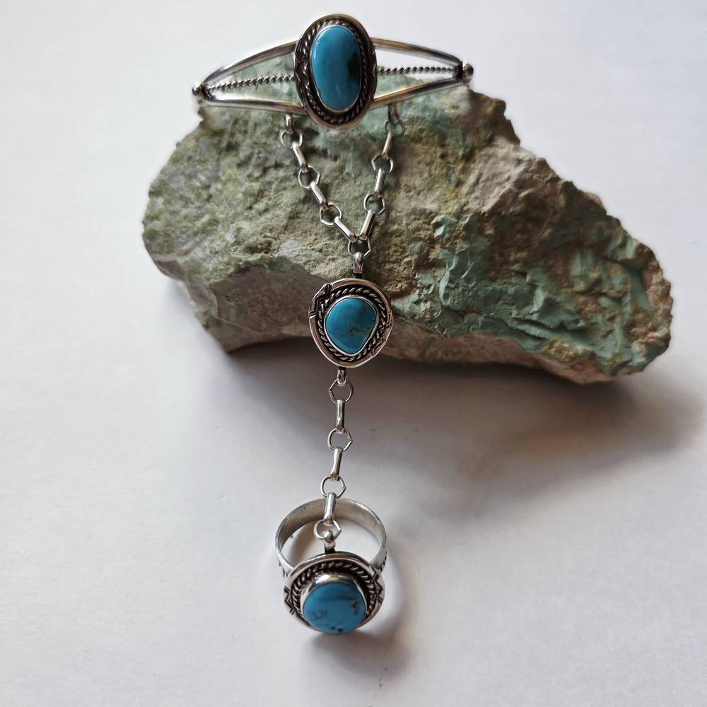 Turquoise and Silver Chain Bracelet Ring Set
